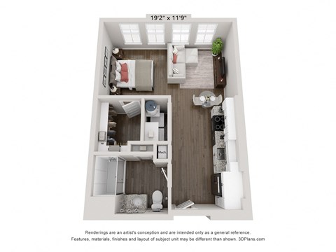 a bedroom with a bed and a dresser in a small room